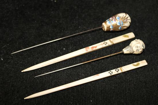 Ivory hat pin and a Satsuma pottery hat pin, early 20th century and a pair of ivory chopsticks